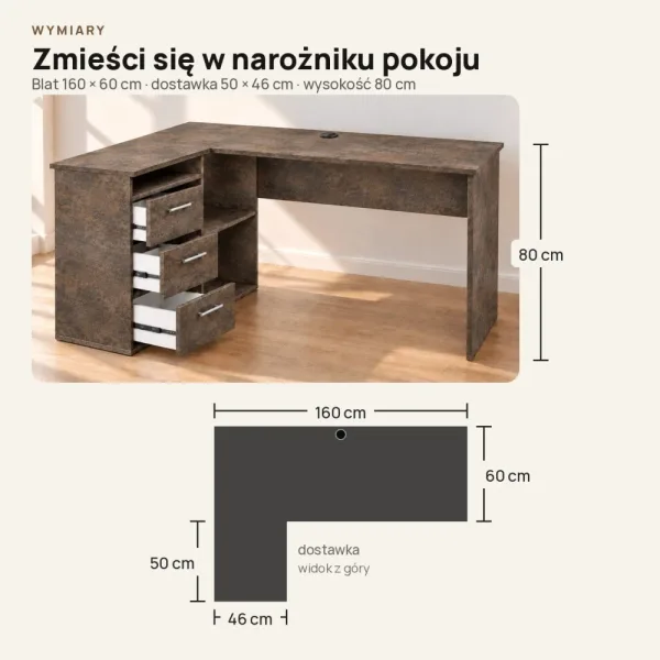 Biurko szkolne narożne Aga - Beton Rdzawy