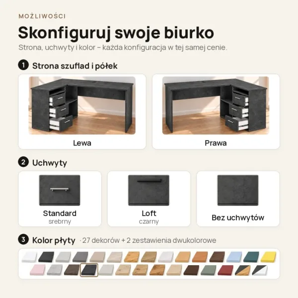 Biurko szkolne narożne Aga - Beton Czarny
