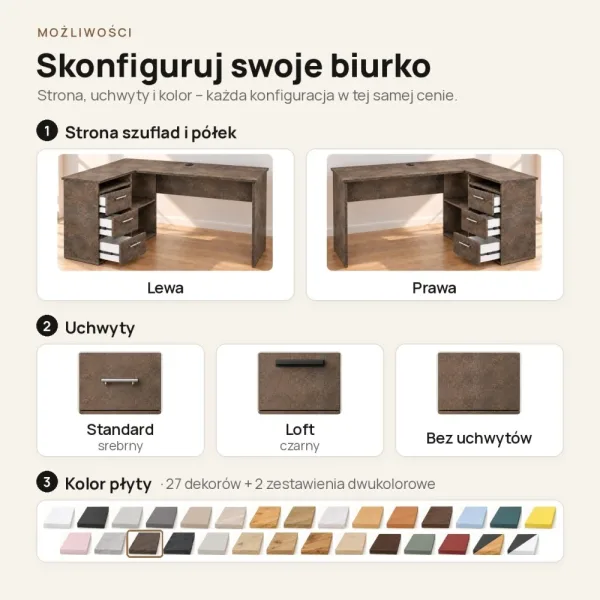 Biurko lekarskie narożne z szufladami - Beton Rdzawy