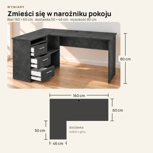 Biurko lekarskie narożne z szufladami - Beton Czarny