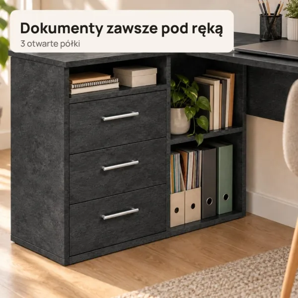 Biurko lekarskie narożne z szufladami - Beton Czarny