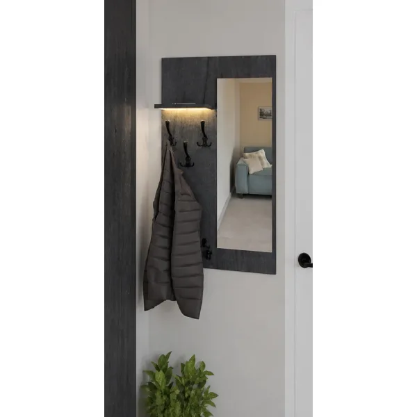 Wieszak z lustrem LED - Beton Czarny