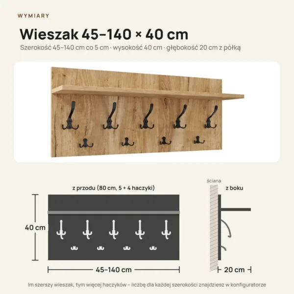 Wieszak ścienny - Dąb Evoke - Na ubrania