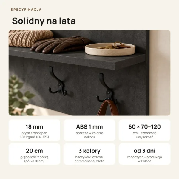Wieszak ścienny pionowy - Beton Czarny - Na ubrania