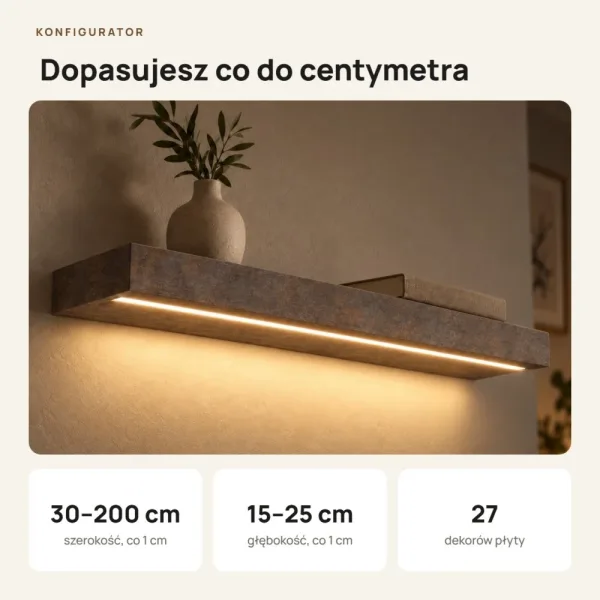 Półka wisząca LED - Beton Rdzawy