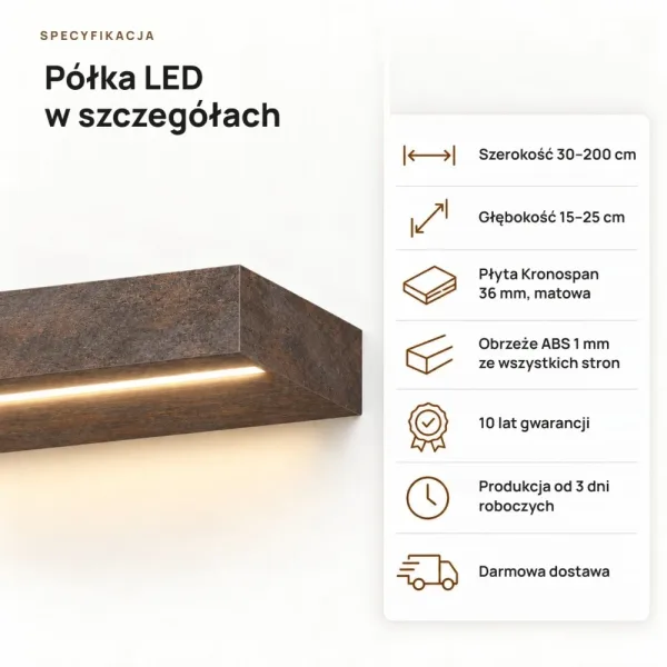 Półka wisząca LED - Beton Rdzawy