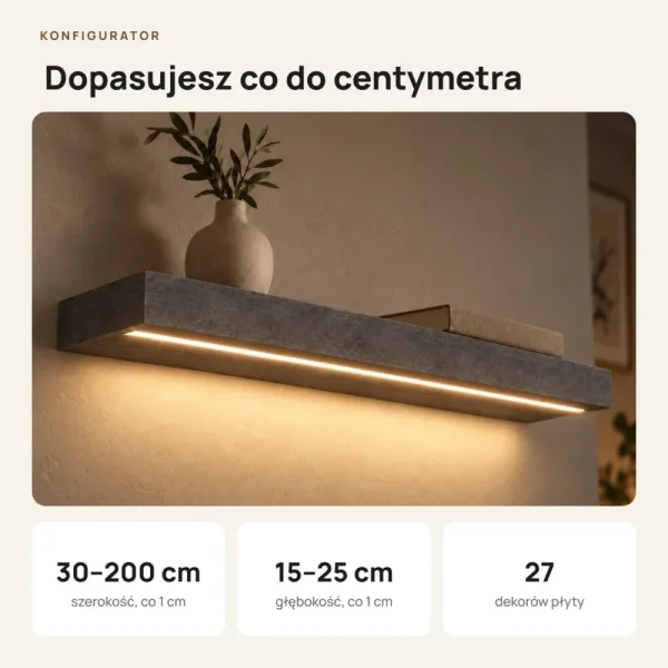 Półka wisząca LED - Beton Czarny