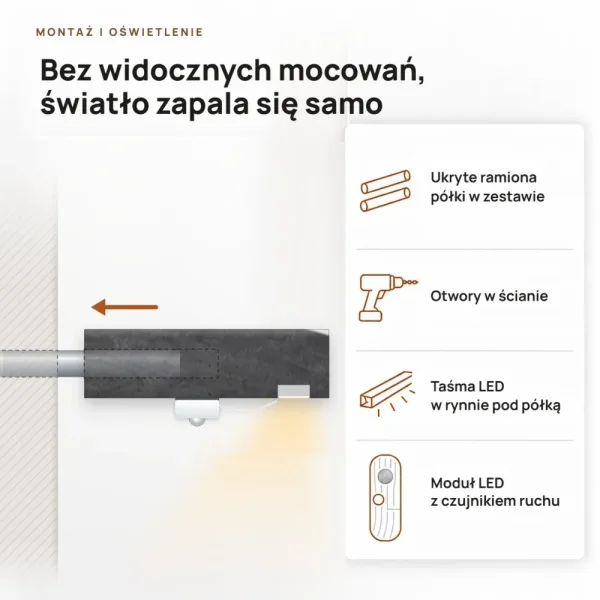 Półka wisząca LED - Beton Czarny