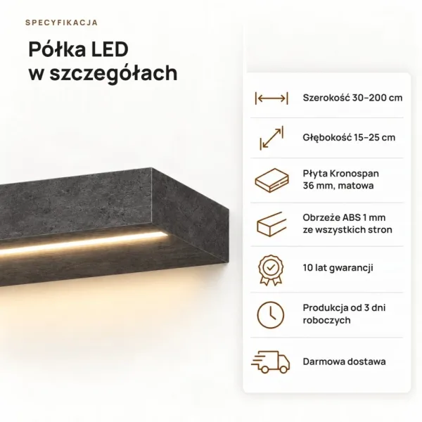 Półka wisząca LED - Beton Czarny