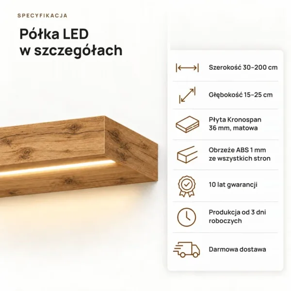 Półka wisząca LED - Dąb Wotan