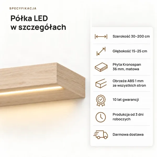 Półka wisząca LED - Dąb Cremona