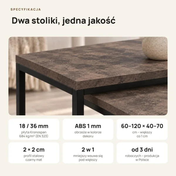 Stolik metalowy podwójny Beton Rdzawy - kolekcja Metalove