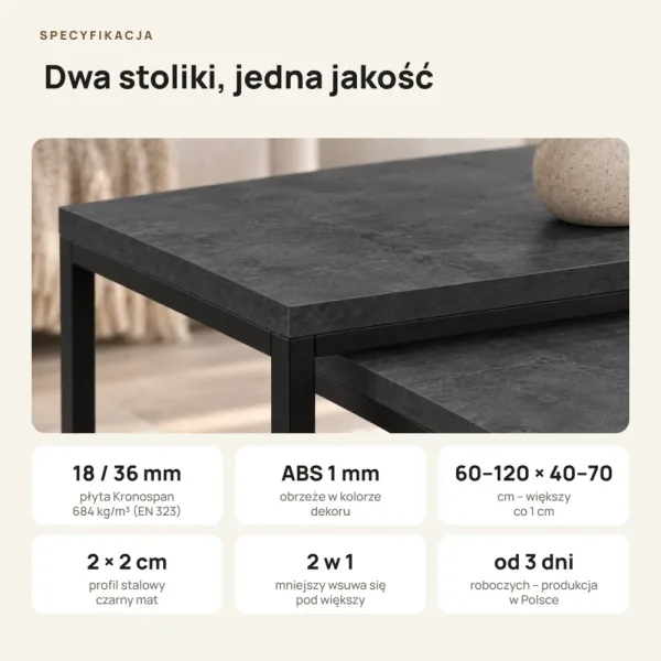 Stolik metalowy podwójny Beton Czarny - kolekcja Metalove