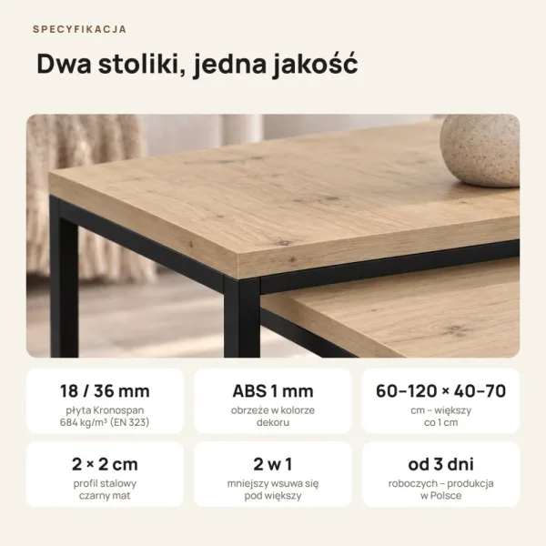 Stolik metalowy podwójny Dąb Evoke - kolekcja Metalove