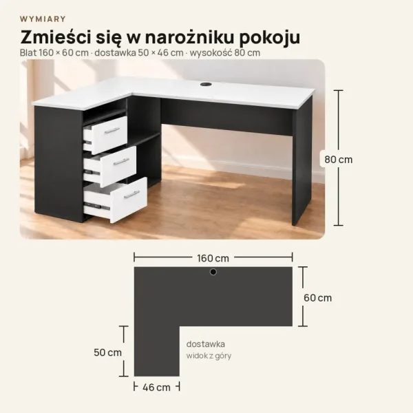 Biurko szkolne narożne Aga - Czarne / Białe