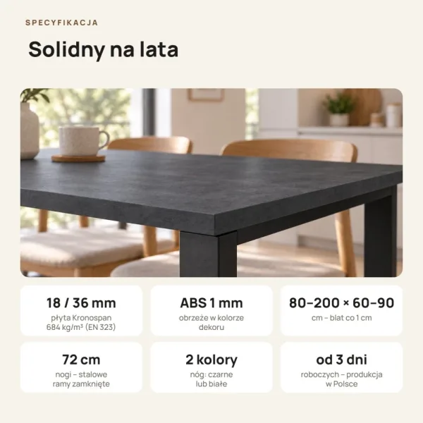 Stół kuchenny z metalowymi nogami - Beton Czarny