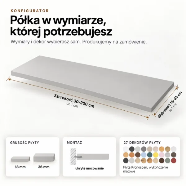 Półki wiszące - Szare - 120 x 8 cm i 60 x 12 cm (wycena indywidualna)
