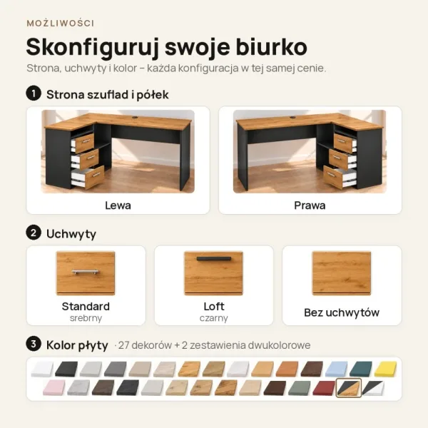 Biurko lekarskie narożne z szufladami - Czarny / Dąb Złoty
