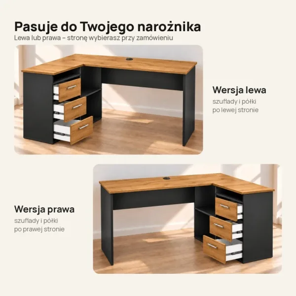Biurko lekarskie narożne z szufladami - Czarny / Dąb Złoty