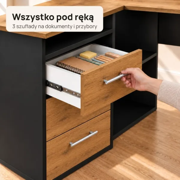 Biurko lekarskie narożne z szufladami - Czarny / Dąb Złoty