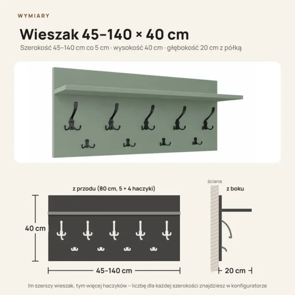 Wieszak ścienny - Dymiona Zieleń - Na ubrania