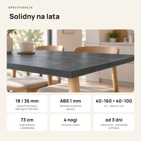 Stół kuchenny z nogami bukowymi - Beton Czarny