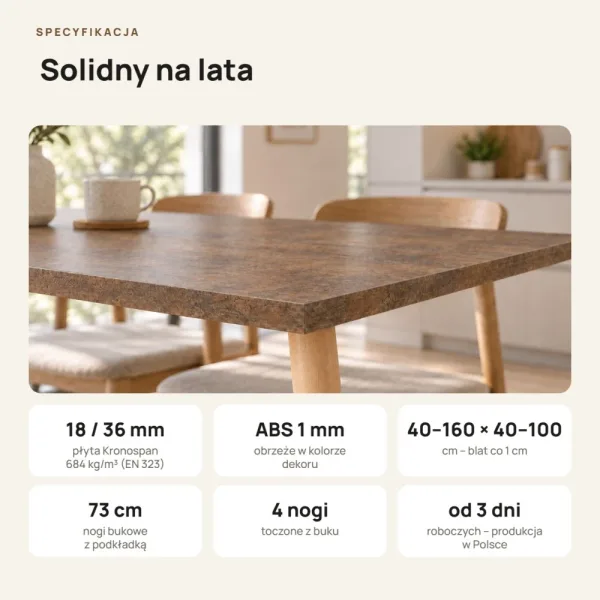 Stół kuchenny z nogami bukowymi - Beton Rdzawy