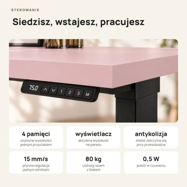 Biurko z elektryczną regulacją wysokości - Różowy