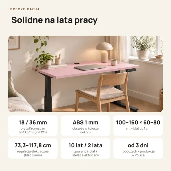 Biurko z elektryczną regulacją wysokości - Różowy