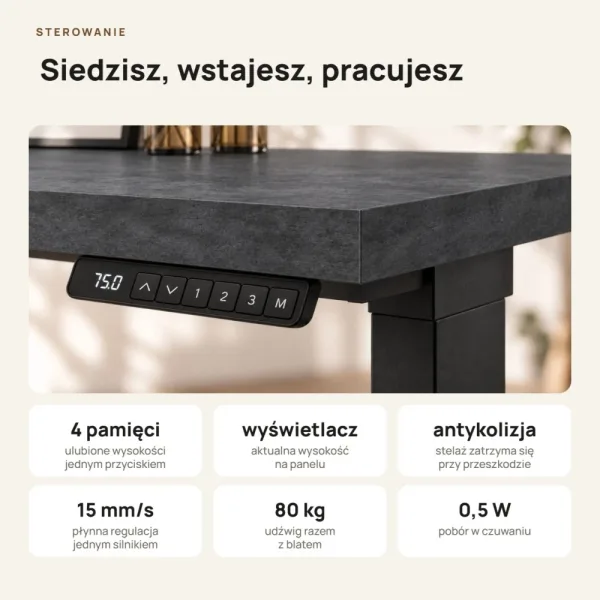 Biurko z elektryczną regulacją wysokości - Beton Czarny