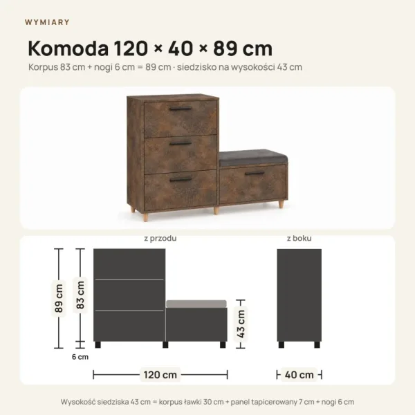 Komoda do przedpokoju z siedziskiem - Beton Rdzawy