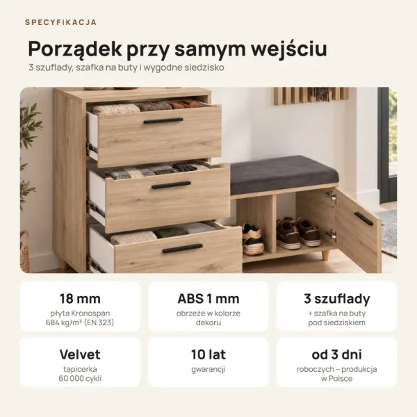 Komoda do przedpokoju z siedziskiem - Dąb Cremona