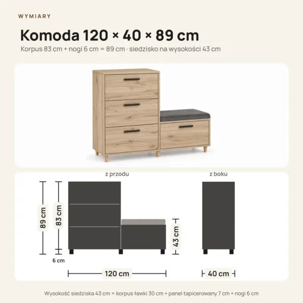 Komoda do przedpokoju z siedziskiem - Dąb Cremona