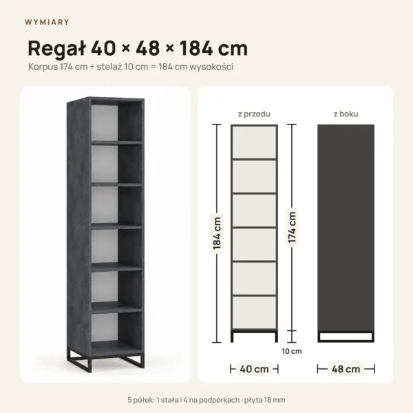 Regał metalowy pojedynczy Beton Czarny - kolekcja Metalove