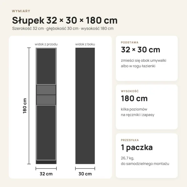 Słupek łazienkowy 32 cm z drzwiczkami, wysokość 180 cm – Biały