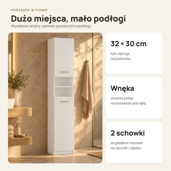 Słupek łazienkowy 32 cm z drzwiczkami, wysokość 180 cm – Biały