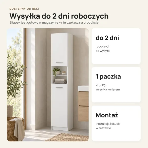 Słupek łazienkowy 32 cm z drzwiczkami, wysokość 180 cm – Biały