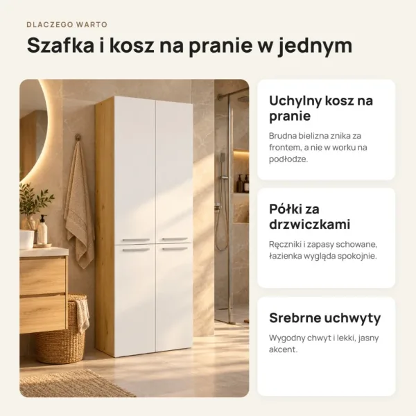 Słupek łazienkowy 60 cm z koszem na pranie i długimi drzwiczkami – Biały / Dąb Artisan