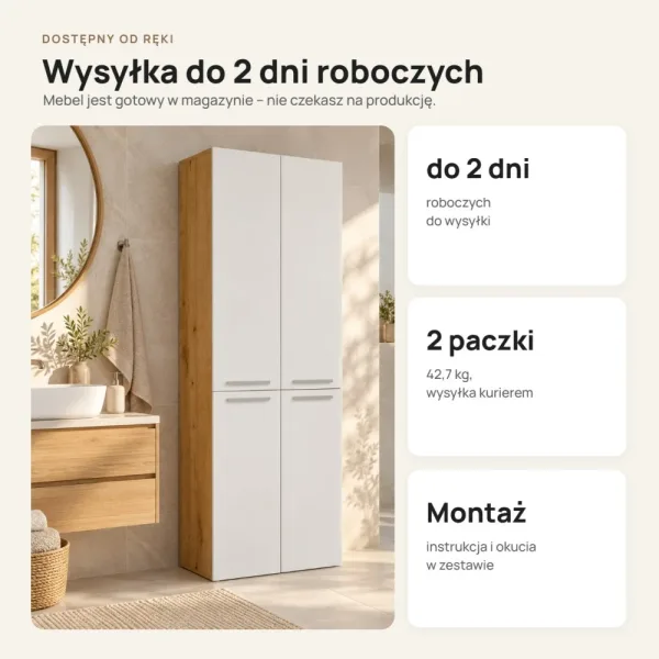 Słupek łazienkowy 60 cm z koszem na pranie i długimi drzwiczkami – Biały / Dąb Artisan