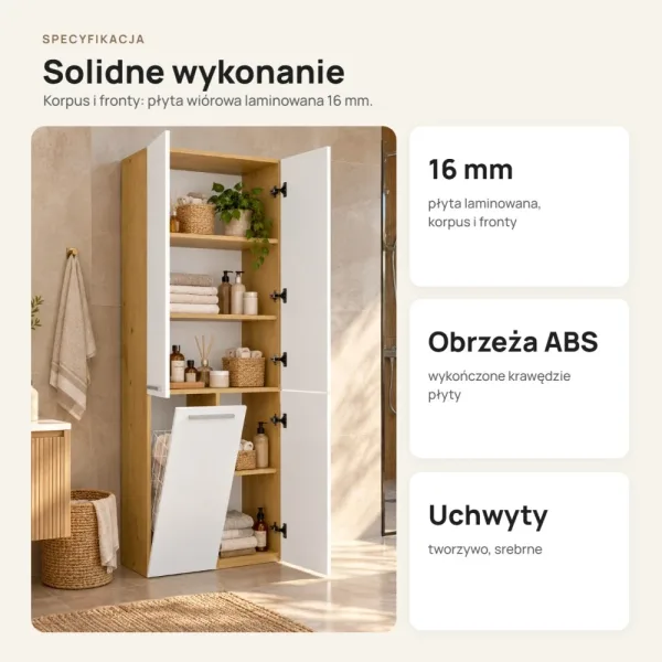 Słupek łazienkowy 60 cm z koszem na pranie i długimi drzwiczkami – Biały / Dąb Artisan