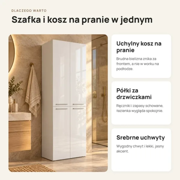 Słupek łazienkowy 60 cm z koszem na pranie i długimi drzwiczkami – Biały połysk