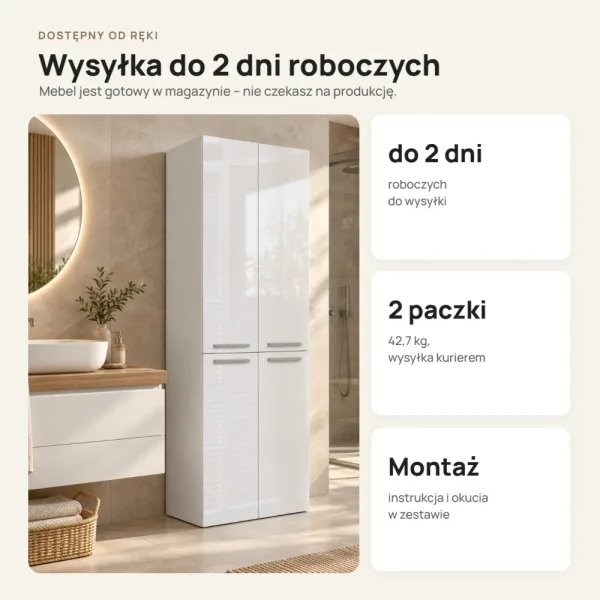 Słupek łazienkowy 60 cm z koszem na pranie i długimi drzwiczkami – Biały połysk