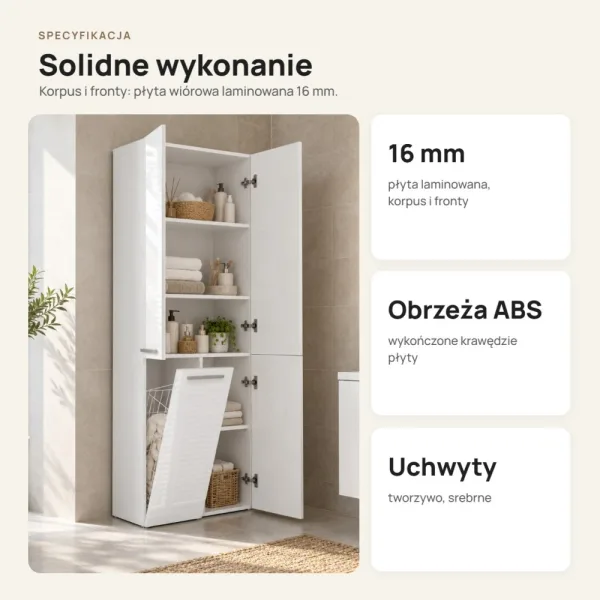 Słupek łazienkowy 60 cm z koszem na pranie i długimi drzwiczkami – Biały połysk