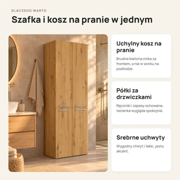 Słupek łazienkowy 60 cm z koszem na pranie i długimi drzwiczkami – Dąb Artisan
