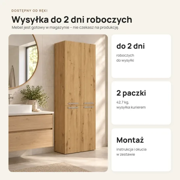 Słupek łazienkowy 60 cm z koszem na pranie i długimi drzwiczkami – Dąb Artisan