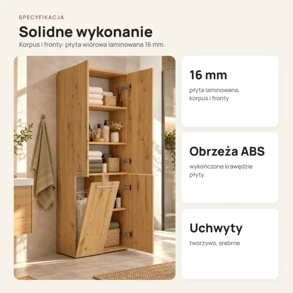 Słupek łazienkowy 60 cm z koszem na pranie i długimi drzwiczkami – Dąb Artisan