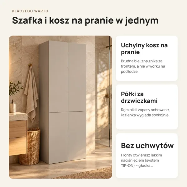 Słupek łazienkowy 60 cm z koszem na pranie i długimi drzwiczkami – Kaszmir