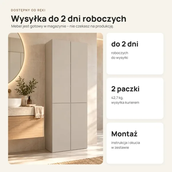 Słupek łazienkowy 60 cm z koszem na pranie i długimi drzwiczkami – Kaszmir