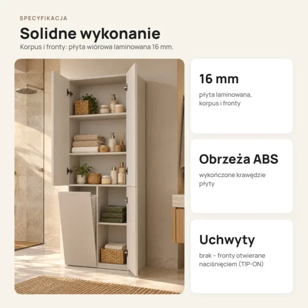 Słupek łazienkowy 60 cm z koszem na pranie i długimi drzwiczkami – Kaszmir