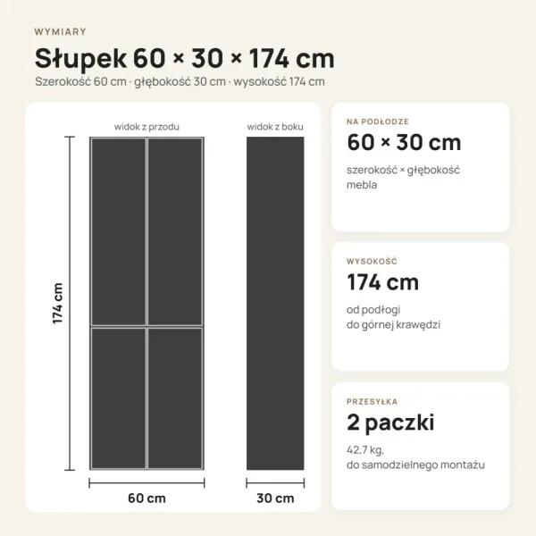 Słupek łazienkowy 60 cm z koszem na pranie, fronty lakierowane – Dąb Artisan / Biały lakier połysk